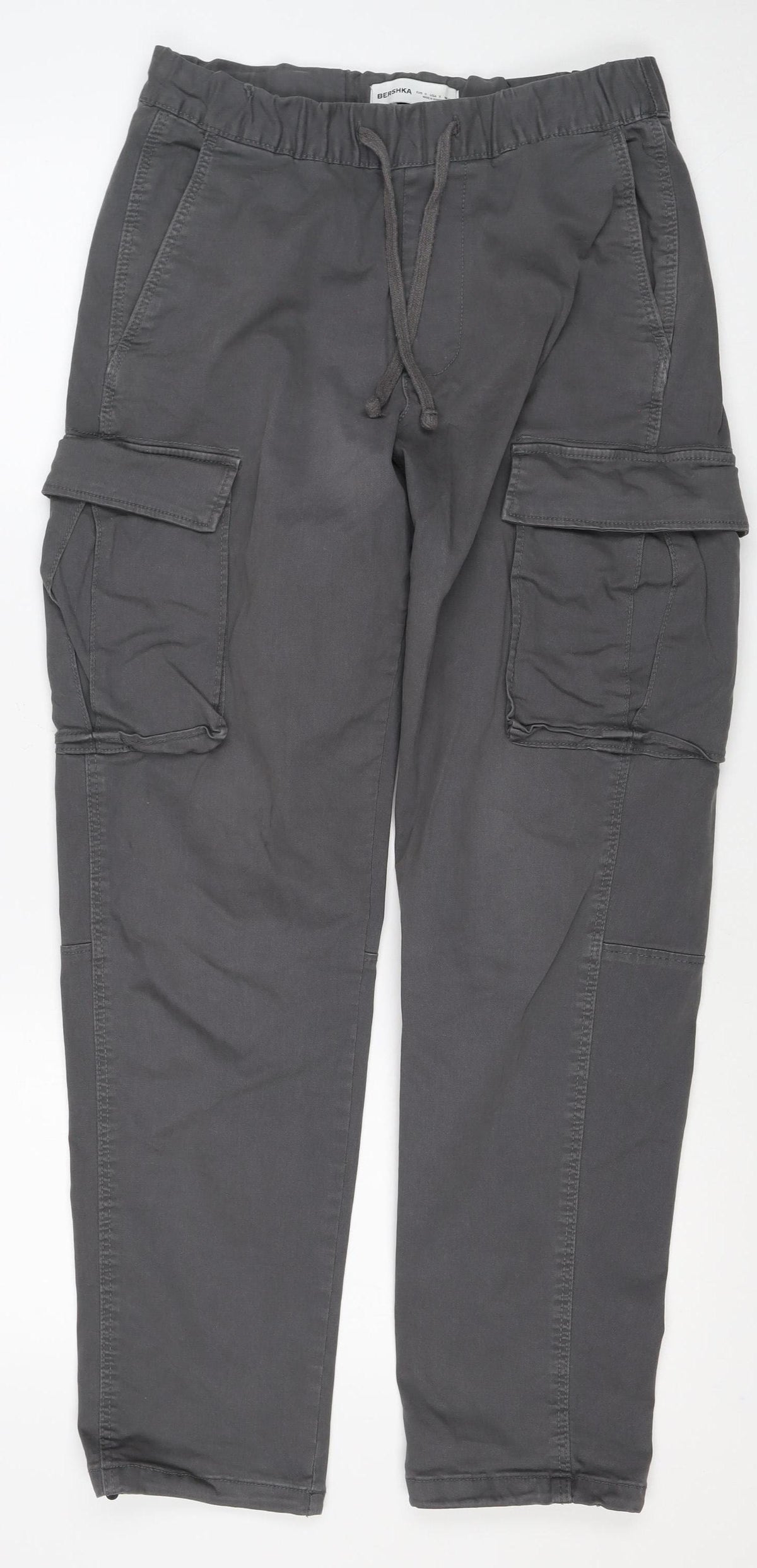Bershka Men Grey S Cotton Stretch Cargo Trousers Drawstring