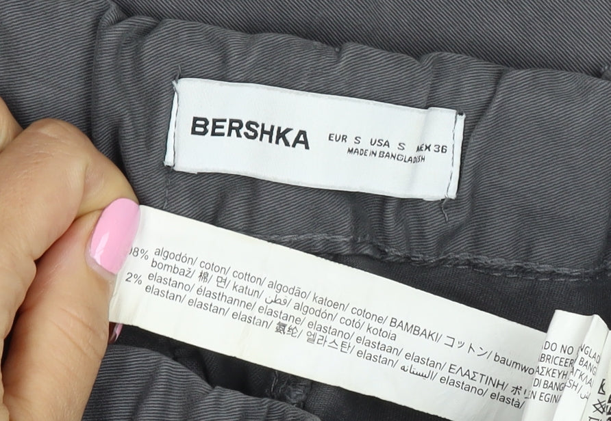 Bershka Men Grey S Cotton Stretch Cargo Trousers Drawstring