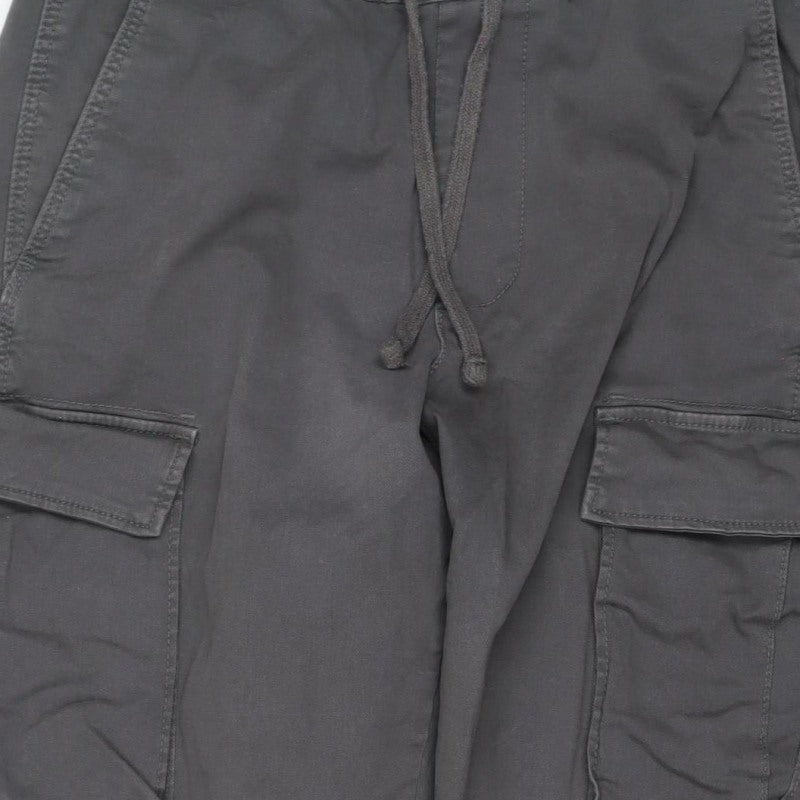 Bershka Men Grey S Cotton Stretch Cargo Trousers Drawstring