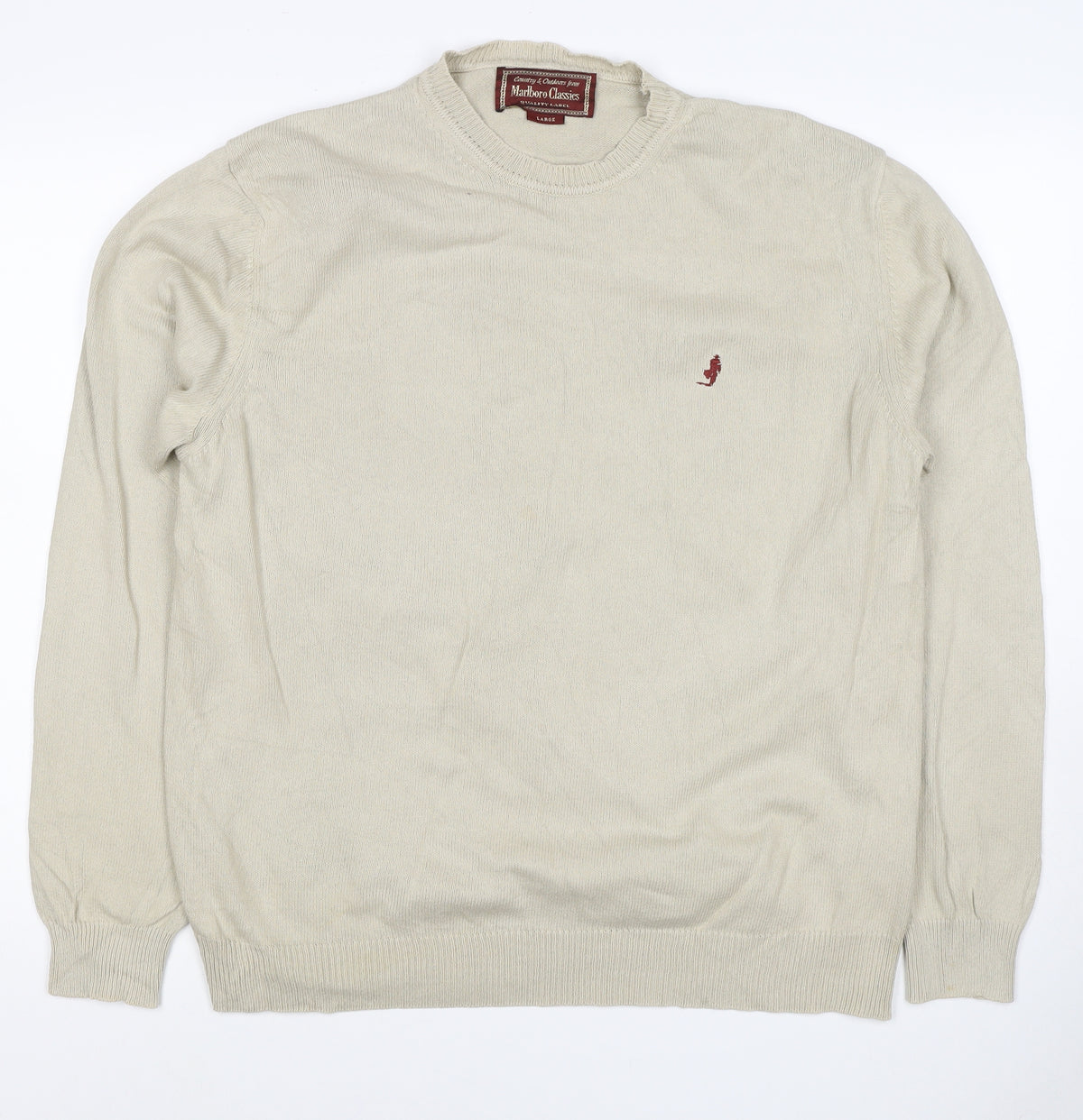Marlboro Classics Men’s Beige Cotton Crew Neck Logo Jumper L