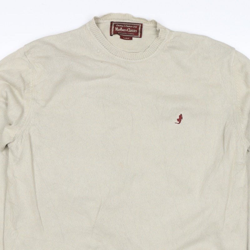 Marlboro Classics Men’s Beige Cotton Crew Neck Logo Jumper L