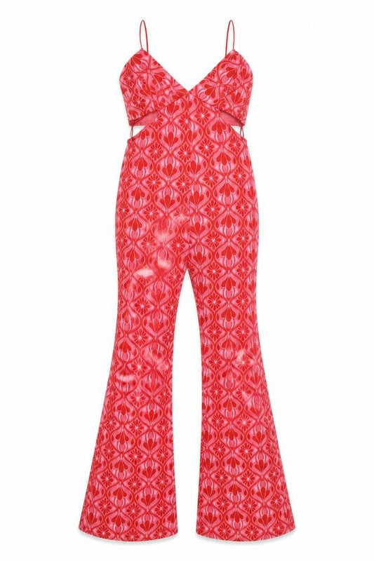 Zara Women Red Pink Floral Jacquard Flared Jumpsuit Size L