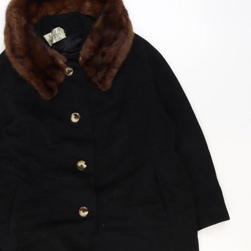 Cherry & Webb Vintage Women's Size 16 Black Long Coat Brown Fur Collar Button Pockets