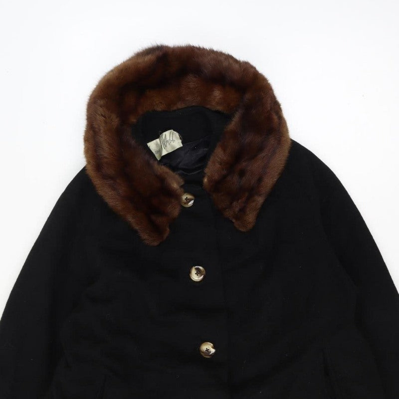 Cherry & Webb Vintage Women's Size 16 Black Long Coat Brown Fur Collar Button Pockets