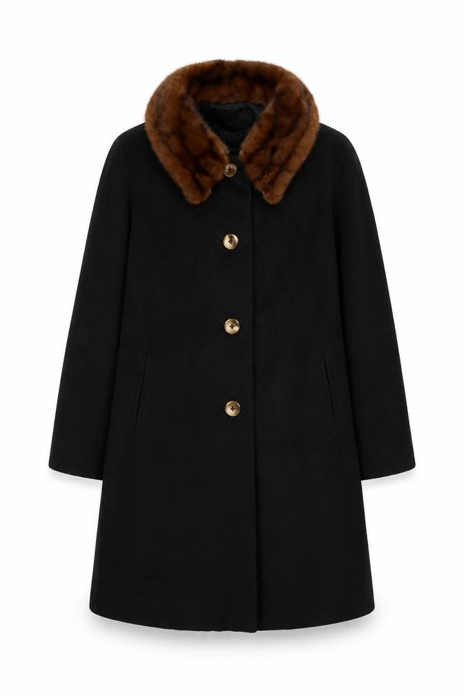 Cherry & Webb Vintage Women's Size 16 Black Long Coat Brown Fur Collar Button Pockets