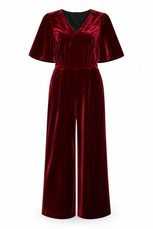 Rumour London Women Red S Velvet Wide Leg V-Neck Jumpsuit