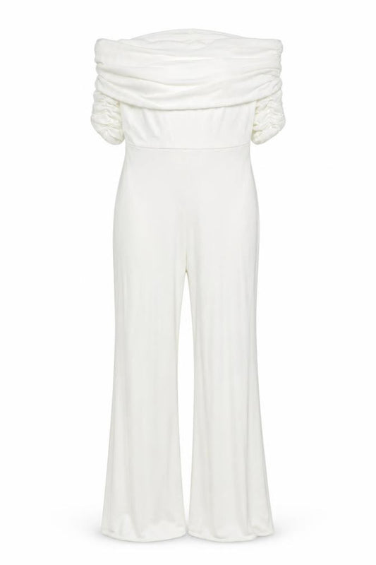 Club L London Women White Ruched Mesh Bardot Wide Leg Jumpsuit UK 10