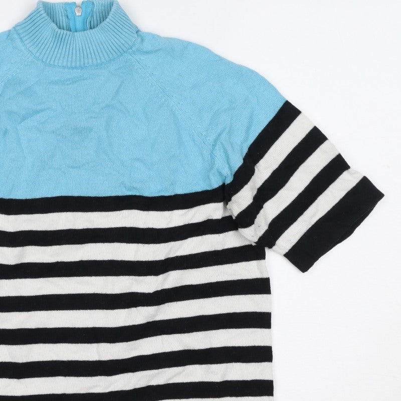 Popo England Women Blue Stripe Roll Neck Zip Knit Top Size 2
