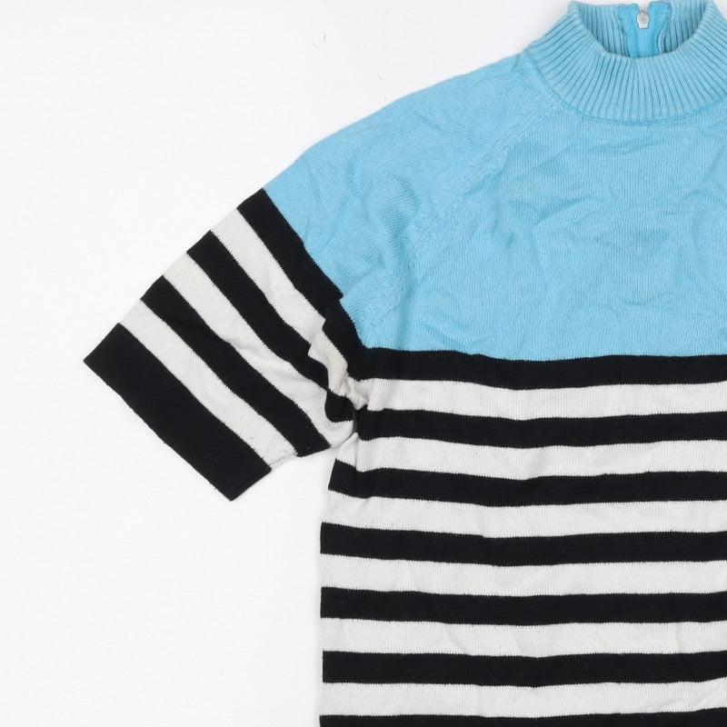 Popo England Women Blue Stripe Roll Neck Zip Knit Top Size 2