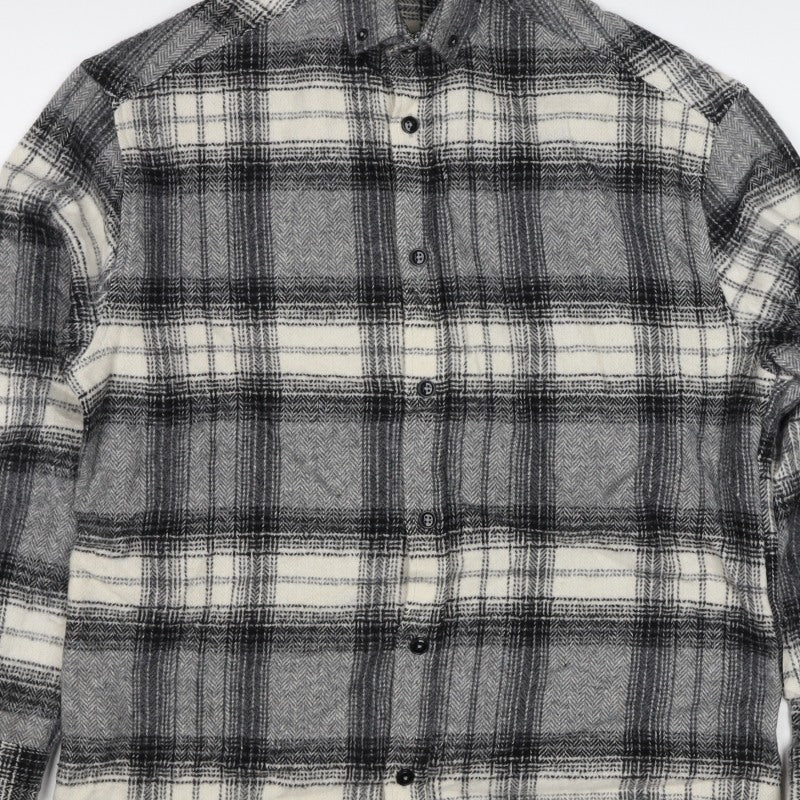 ASOS Design Men Grey Plaid Flannel Overshirt Button-Up Size M