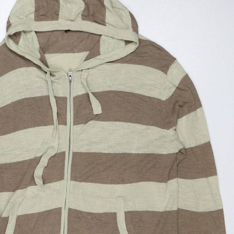 French Connection Men’s Beige Brown Stripe Linen Blend Zip Hoodie L