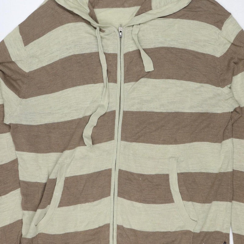 French Connection Men’s Beige Brown Stripe Linen Blend Zip Hoodie L