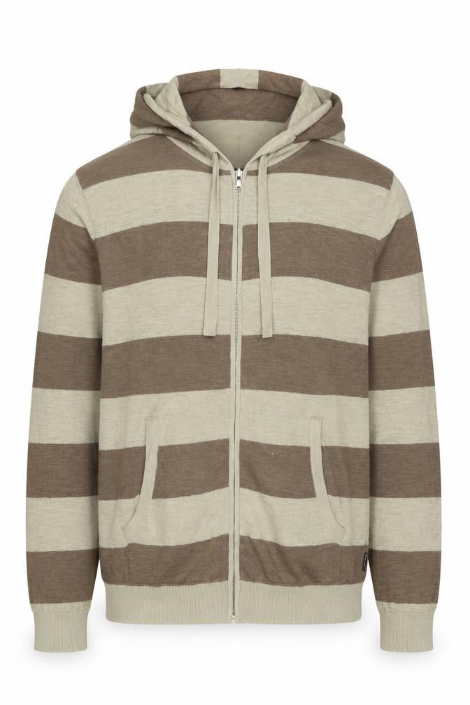 French Connection Men’s Beige Brown Stripe Linen Blend Zip Hoodie L