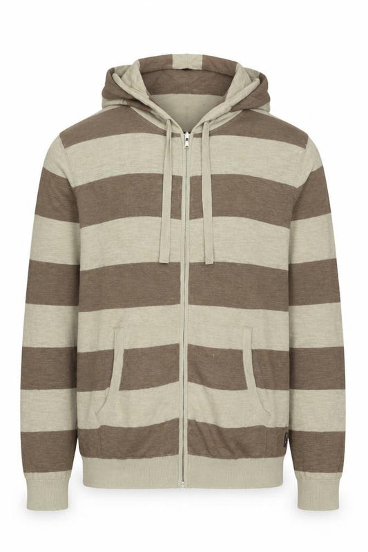 French Connection Men’s Beige Brown Stripe Linen Blend Zip Hoodie L