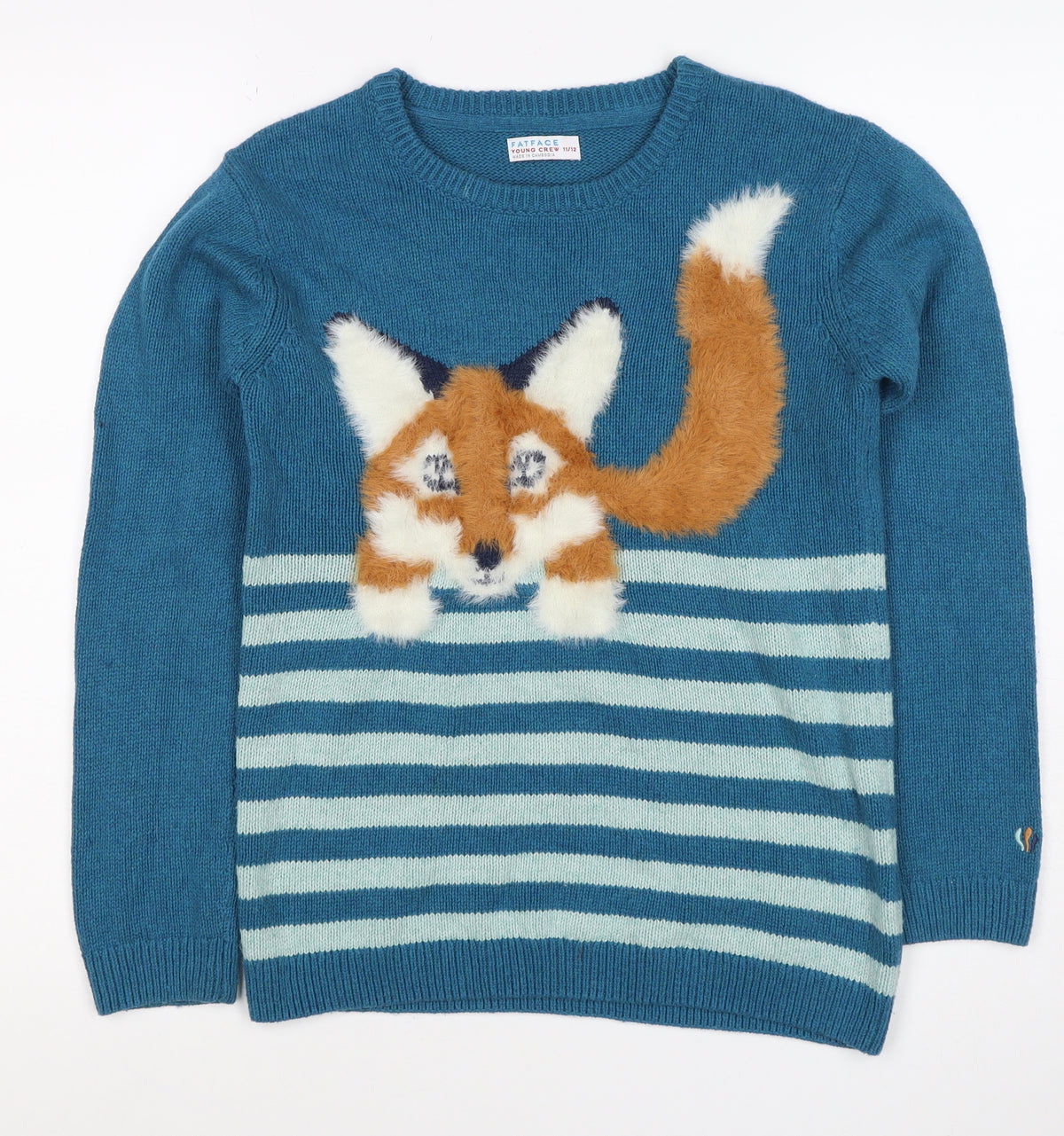 FatFace Boys Blue Fox Striped Knit Jumper 11-12 Years