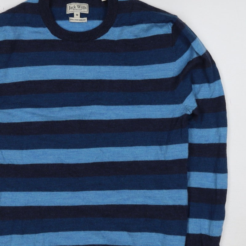 Jack Wills Men’s Blue Striped Merino Wool Crew Neck Jumper Medium