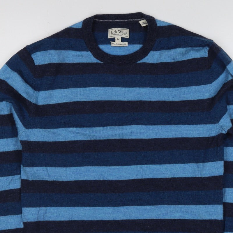 Jack Wills Men’s Blue Striped Merino Wool Crew Neck Jumper Medium