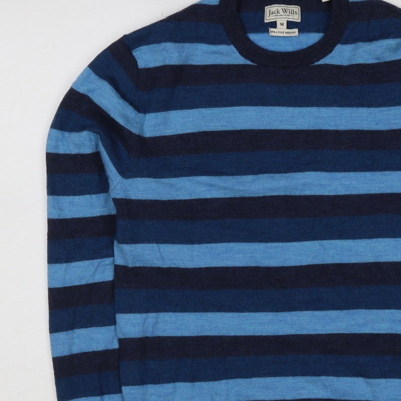 Jack Wills Men’s Blue Striped Merino Wool Crew Neck Jumper Medium