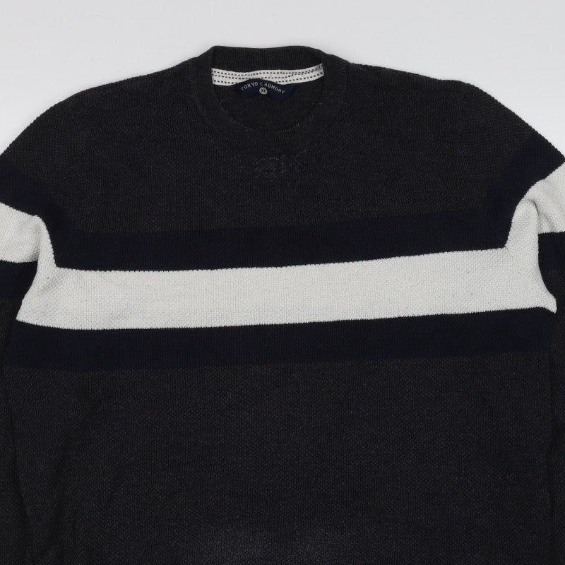 Tokyo Laundry Men’s Black White Stripe Knit Crew Neck Jumper XL