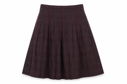 EWM Women’s Brown Check Pleated A-Line Knee Length Wool Skirt UK 16