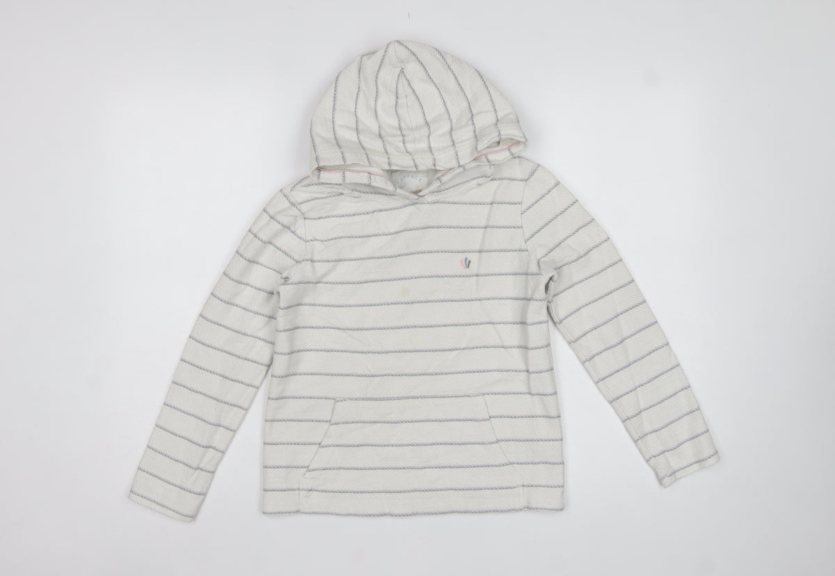 FatFace Girls White Striped Pullover Hoodie Age 9-10 Cotton