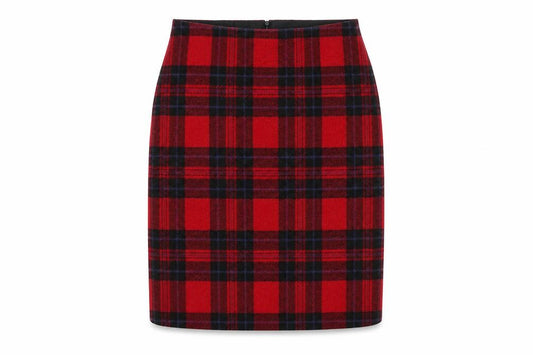Hobbs Women Red Plaid Wool Pencil Knee Skirt UK 14 Moon Tweed