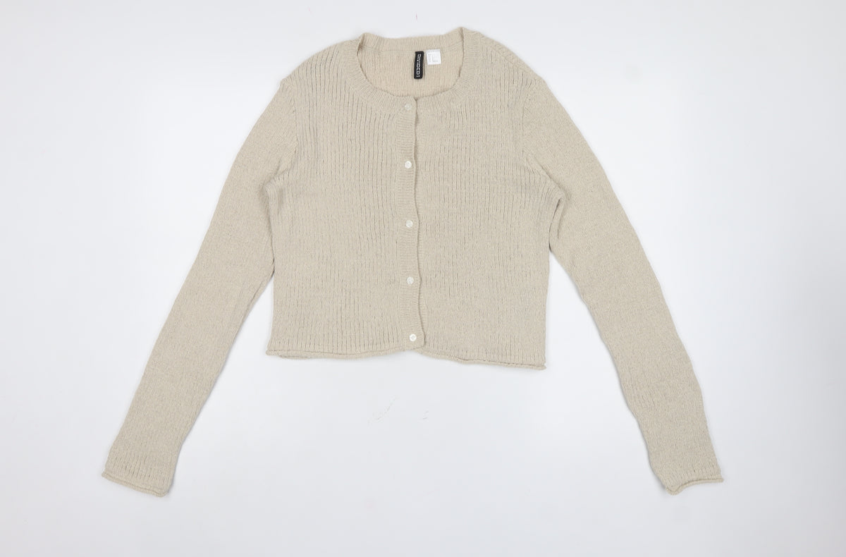 H&M Divided Women Beige L Button Front Open-Knit Cardigan