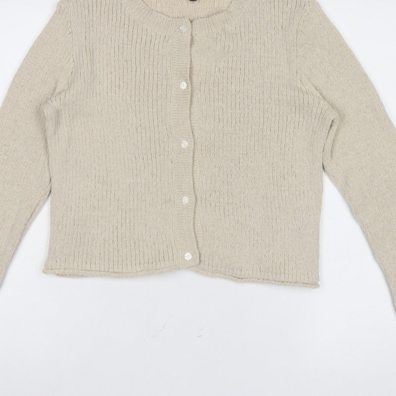 H&M Divided Women Beige L Button Front Open-Knit Cardigan