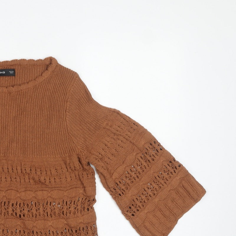 MNG Womens Brown M Open Knit Bell Sleeve Pullover Jumper