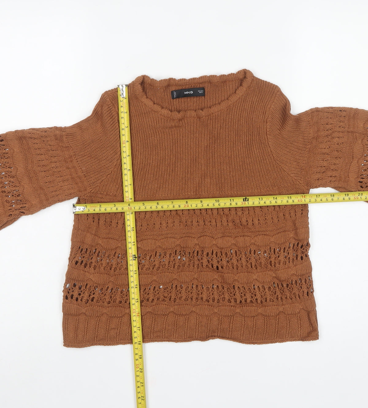 MNG Womens Brown M Open Knit Bell Sleeve Pullover Jumper