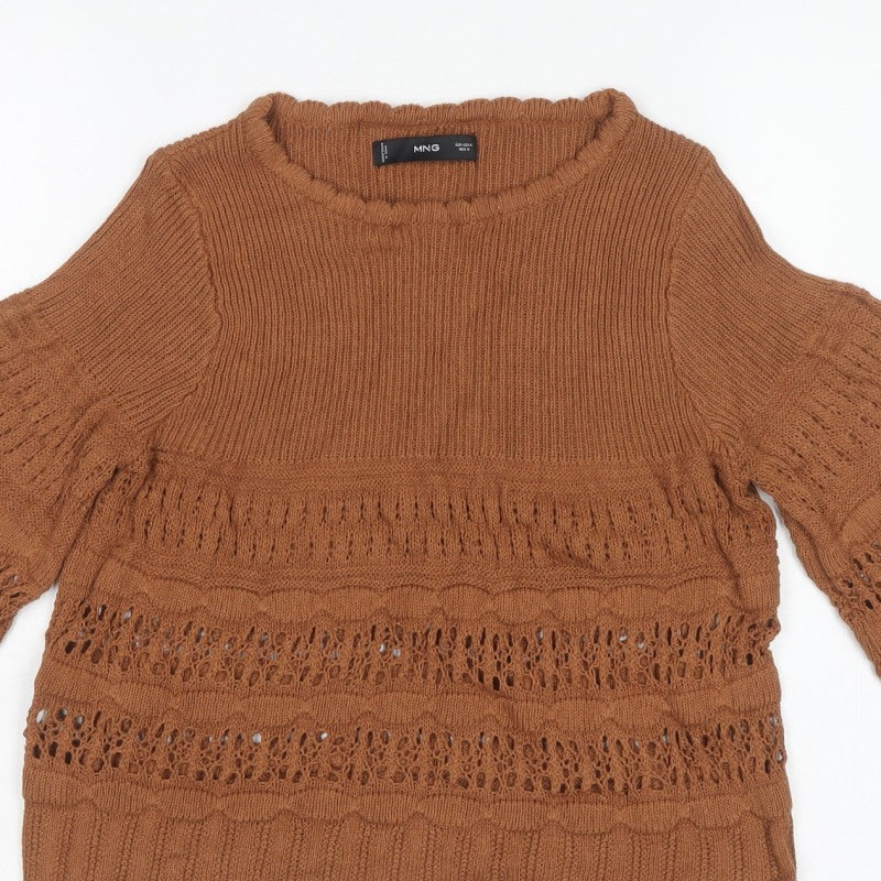 MNG Womens Brown M Open Knit Bell Sleeve Pullover Jumper