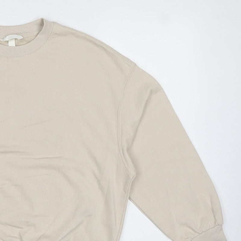 H&M Women Beige S Pullover Crew Neck Cotton Blend Sweatshirt