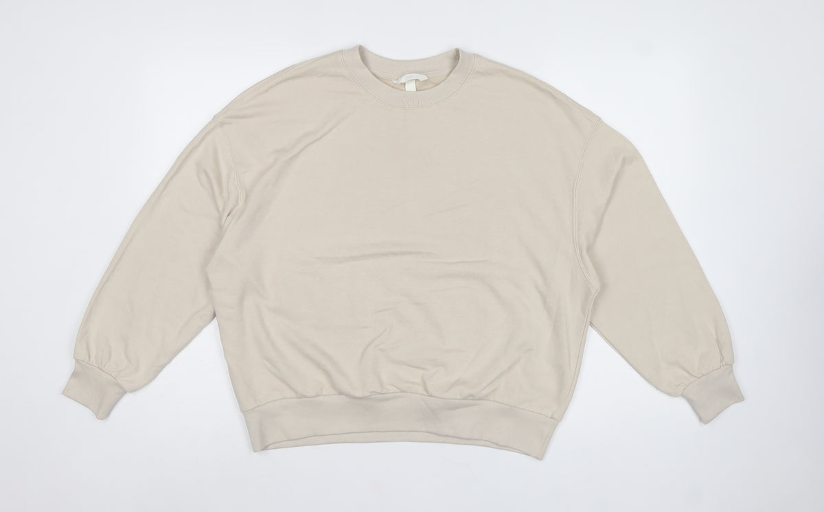 H&M Women Beige S Pullover Crew Neck Cotton Blend Sweatshirt