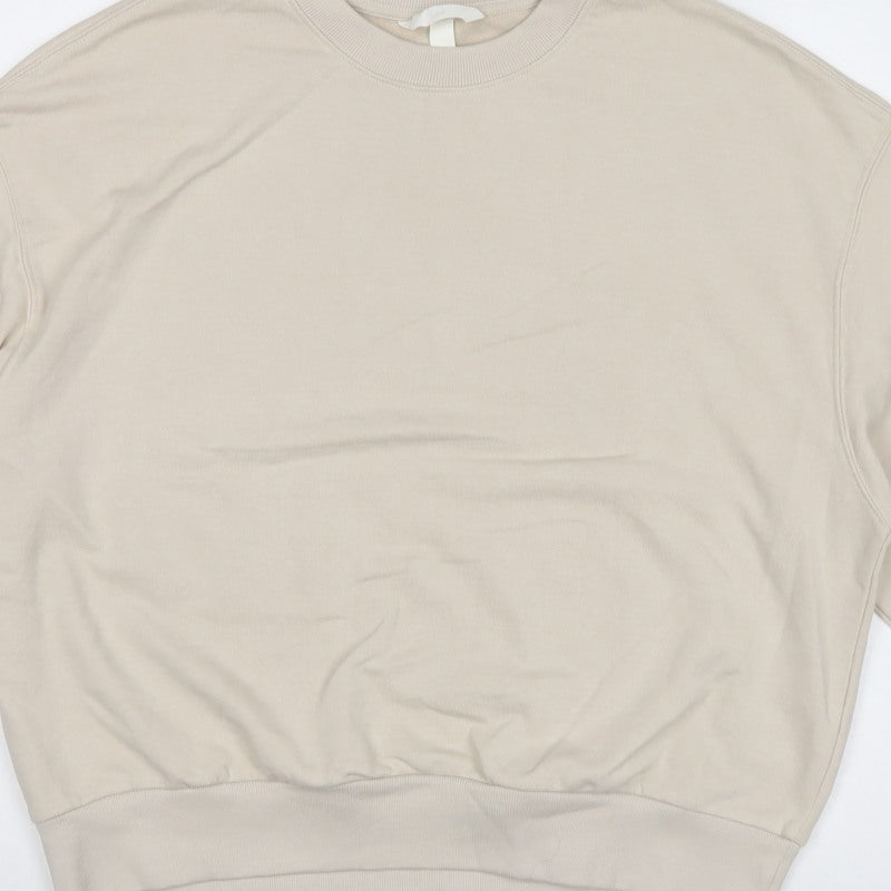 H&M Women Beige S Pullover Crew Neck Cotton Blend Sweatshirt