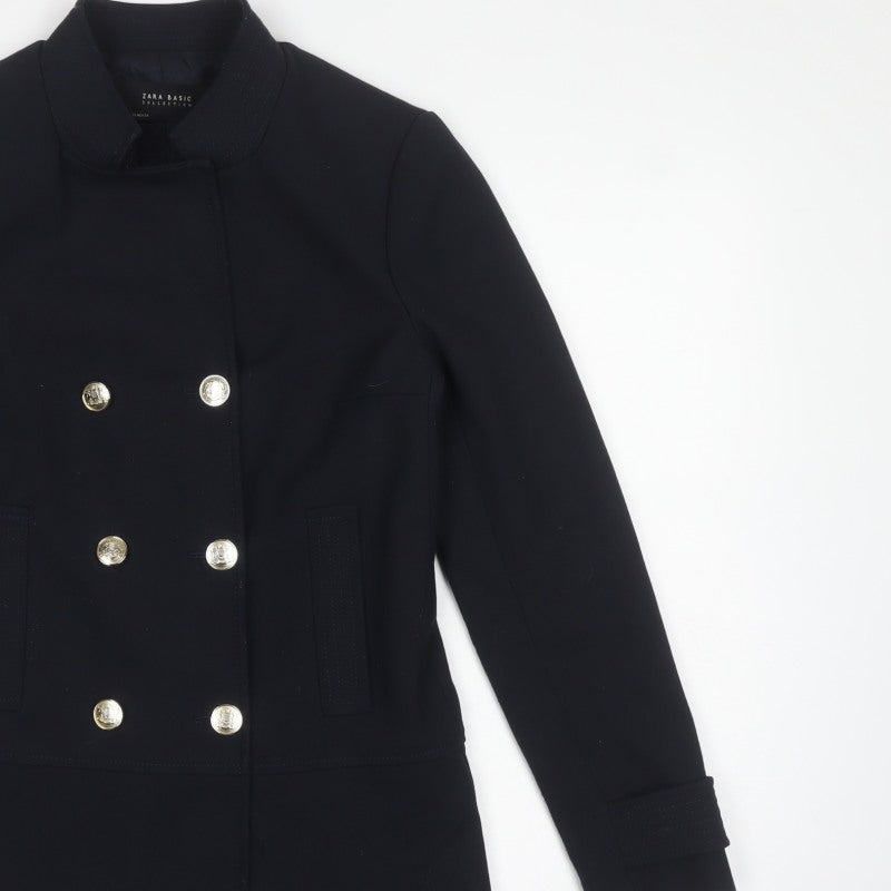 Zara Basic Women’s Black XS Military Pea Coat Gold Button Mid-Length