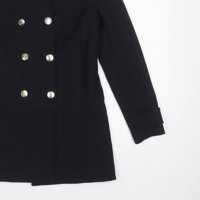 Zara Basic Women’s Black XS Military Pea Coat Gold Button Mid-Length