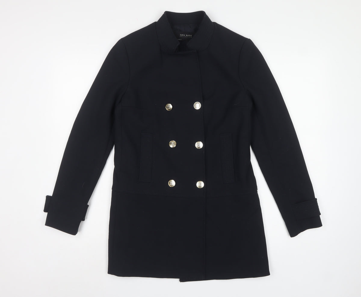 Zara Basic Women’s Black XS Military Pea Coat Gold Button Mid-Length