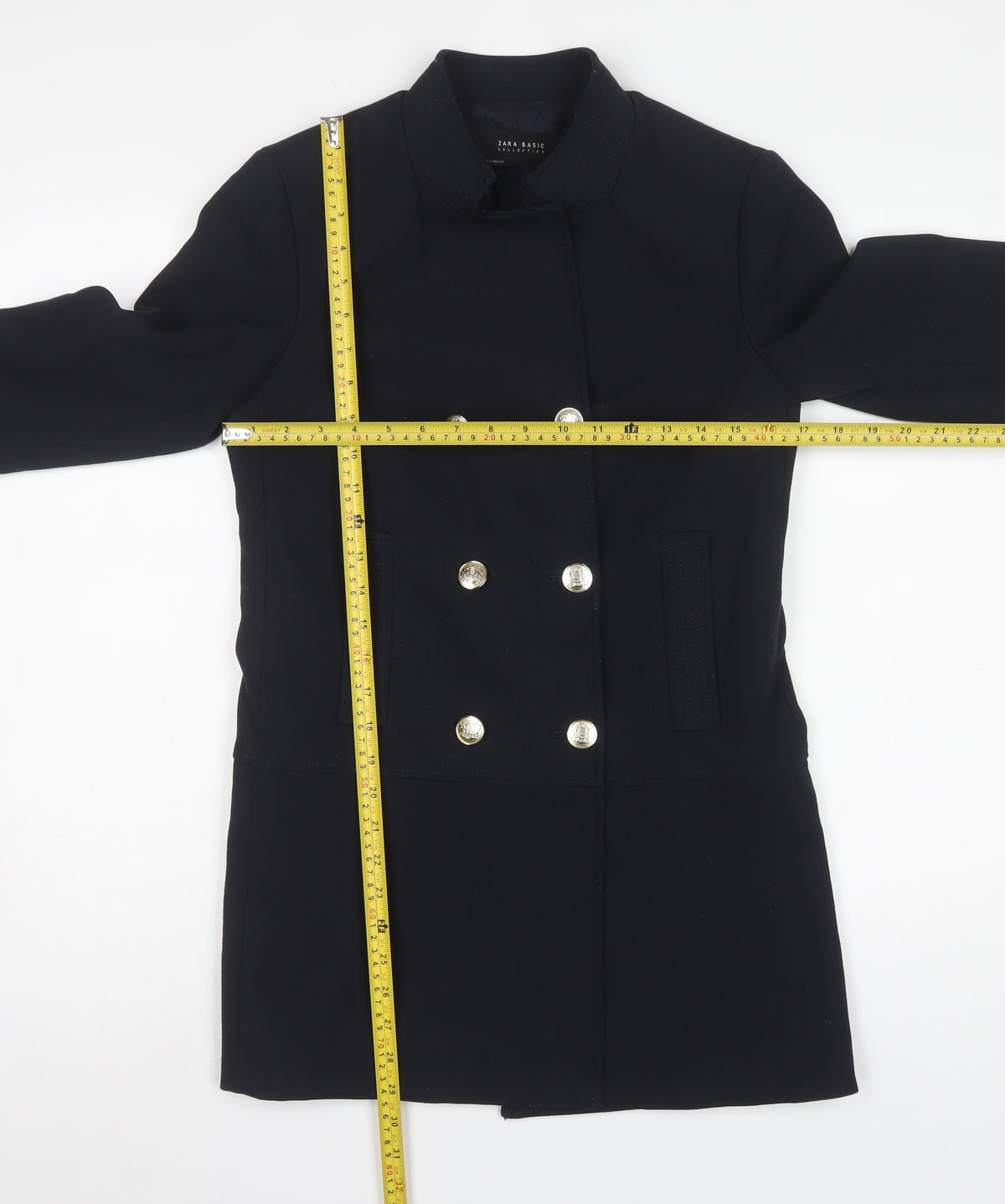 Zara Basic Women’s Black XS Military Pea Coat Gold Button Mid-Length