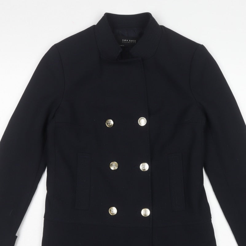 Zara Basic Women’s Black XS Military Pea Coat Gold Button Mid-Length