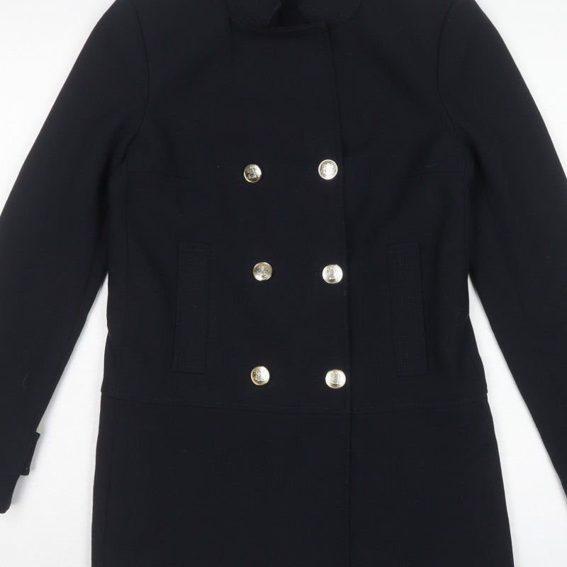 Zara Basic Women’s Black XS Military Pea Coat Gold Button Mid-Length