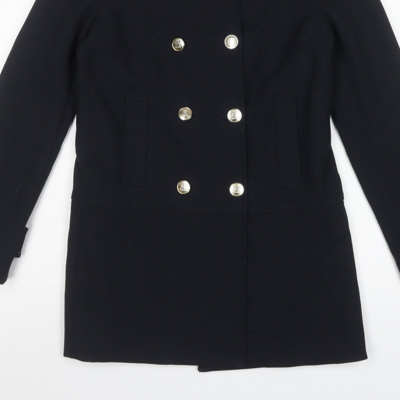 Zara Basic Women’s Black XS Military Pea Coat Gold Button Mid-Length