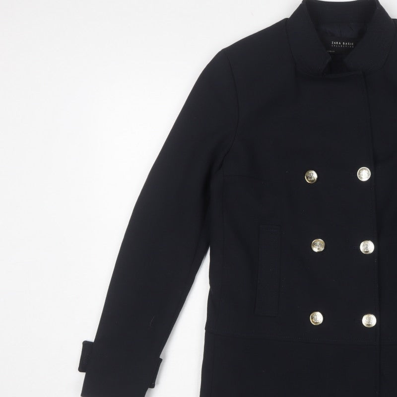Zara Basic Women’s Black XS Military Pea Coat Gold Button Mid-Length