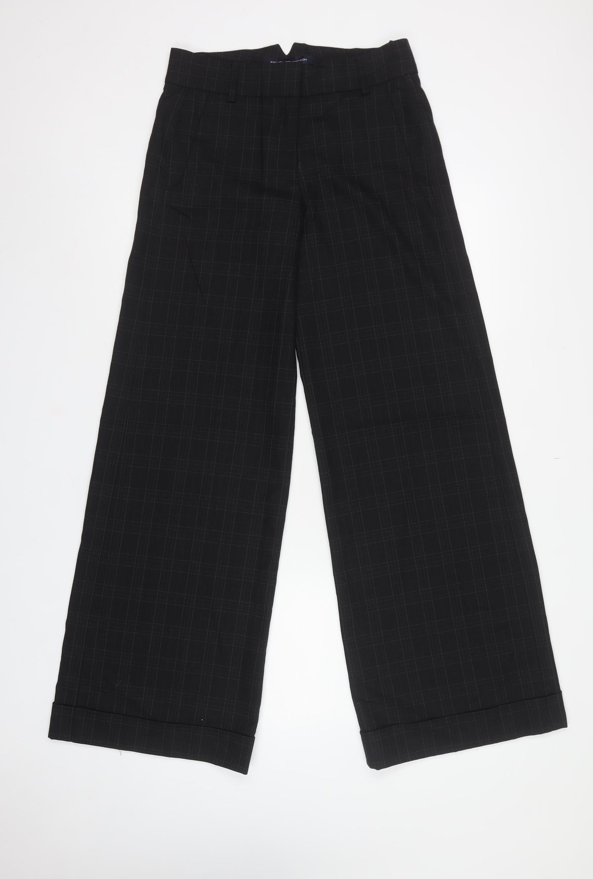 French Connection Women Black Check Wide-Leg Trousers UK 10 Lined