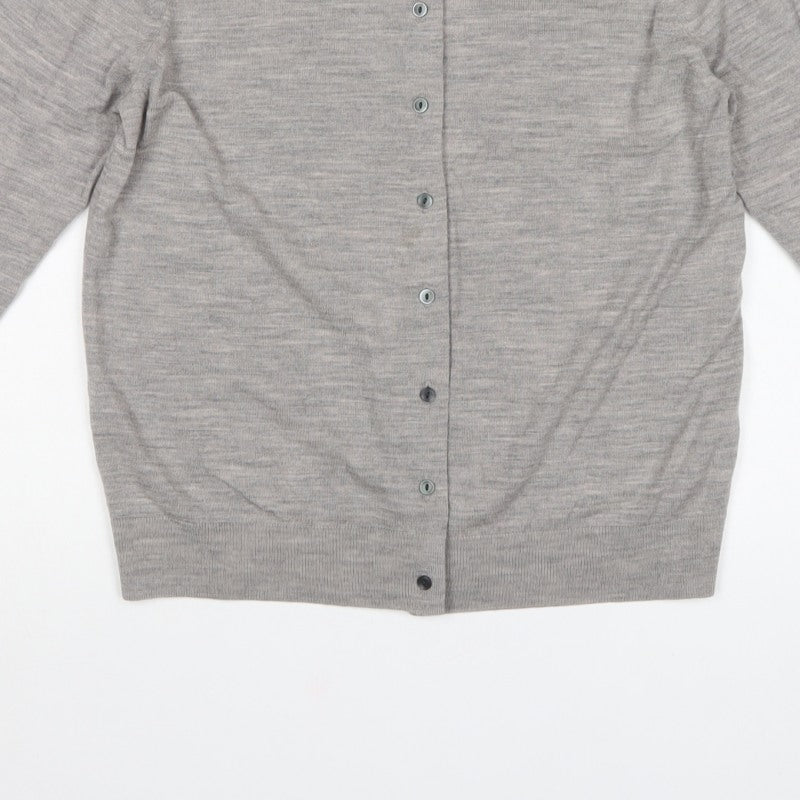 Uniqlo Women Grey L 100% Wool Round Neck Button Cardigan