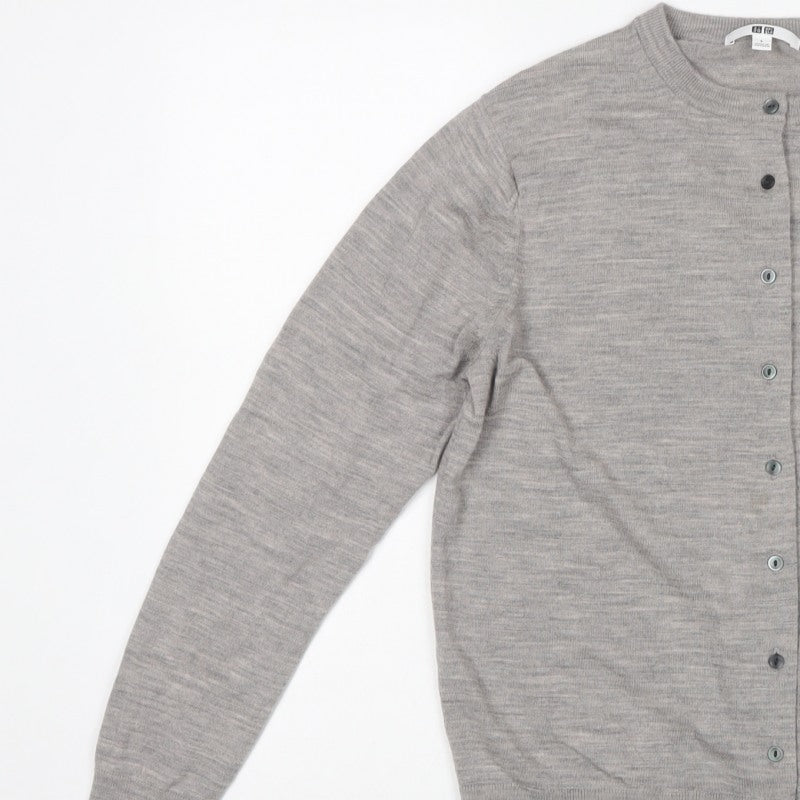 Uniqlo Women Grey L 100% Wool Round Neck Button Cardigan