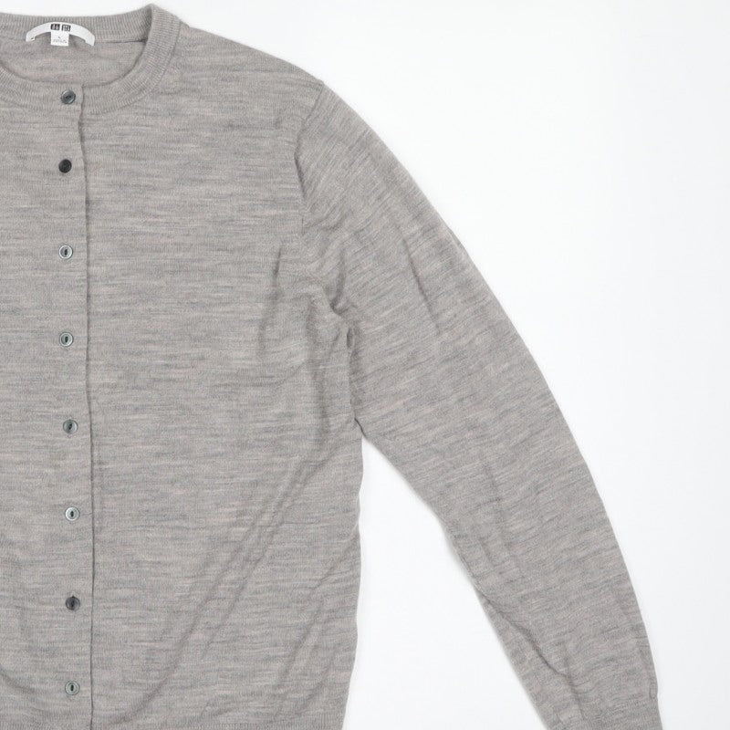 Uniqlo Women Grey L 100% Wool Round Neck Button Cardigan