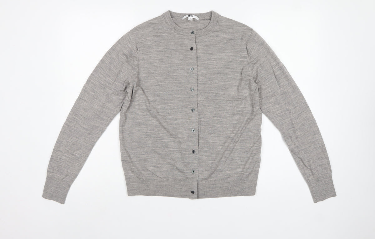 Uniqlo Women Grey L 100% Wool Round Neck Button Cardigan