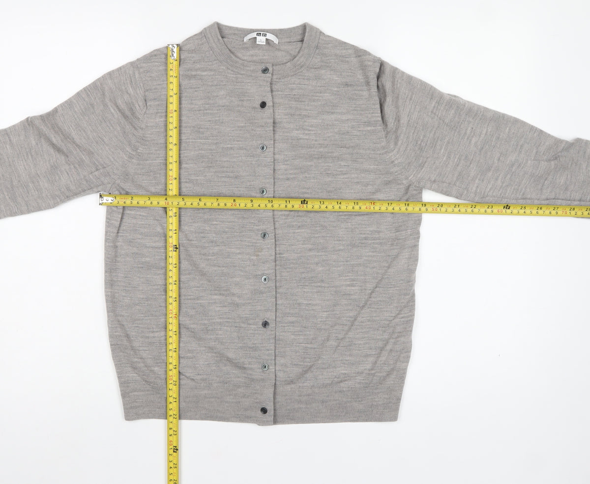Uniqlo Women Grey L 100% Wool Round Neck Button Cardigan