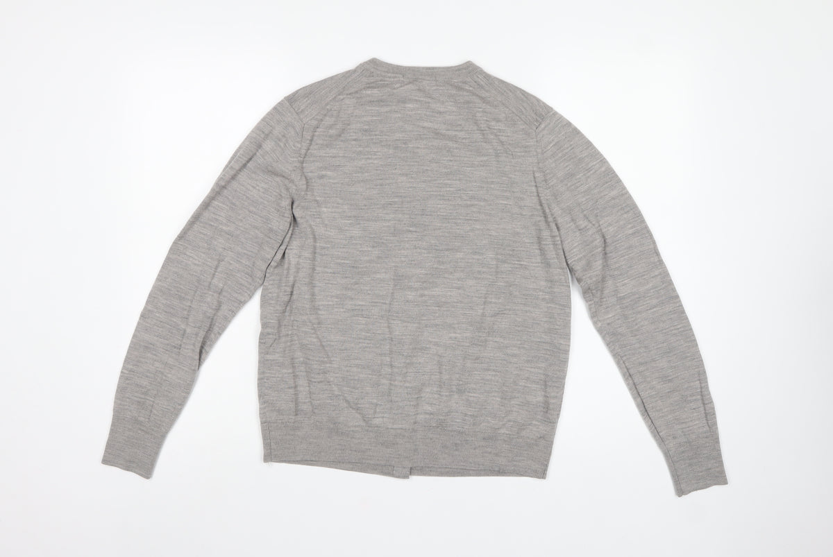Uniqlo Women Grey L 100% Wool Round Neck Button Cardigan