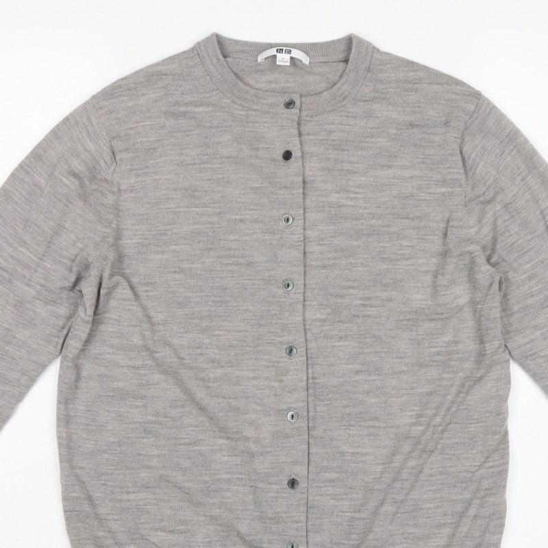 Uniqlo Women Grey L 100% Wool Round Neck Button Cardigan